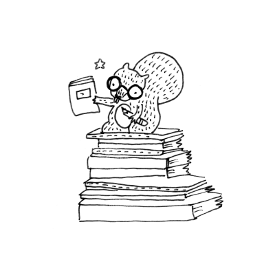 Desenho a preto e branco de um esquilo com óculos sentado sobre livros