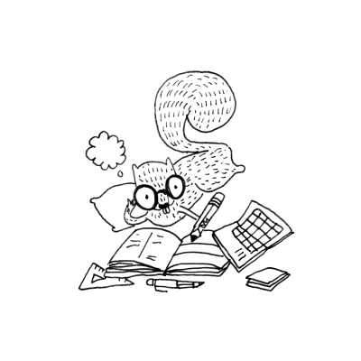 Desenho animado branco de esquilo com óculos e livros em fundo preto