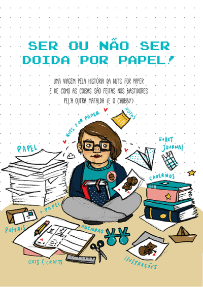 Ilustração colorida de uma jovem sentada com livros e papéis à volta, com texto em português sobre papel e escrita artística.