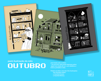 Três ilustrações de fantasmas e esqueletos para ilustração do mês de outubro