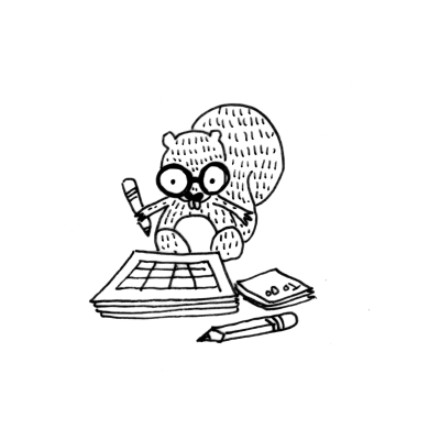 Desenho a preto e branco de um esquilo com óculos, tabela com quadrados, caixa pequena e lápis.