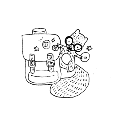 Desenho a preto e branco de mochila com animal estilizado ao lado