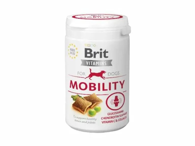 Brit Vitamins Mobility Frasco branco de vitaminas para cães Brit Mobility com imagem e texto