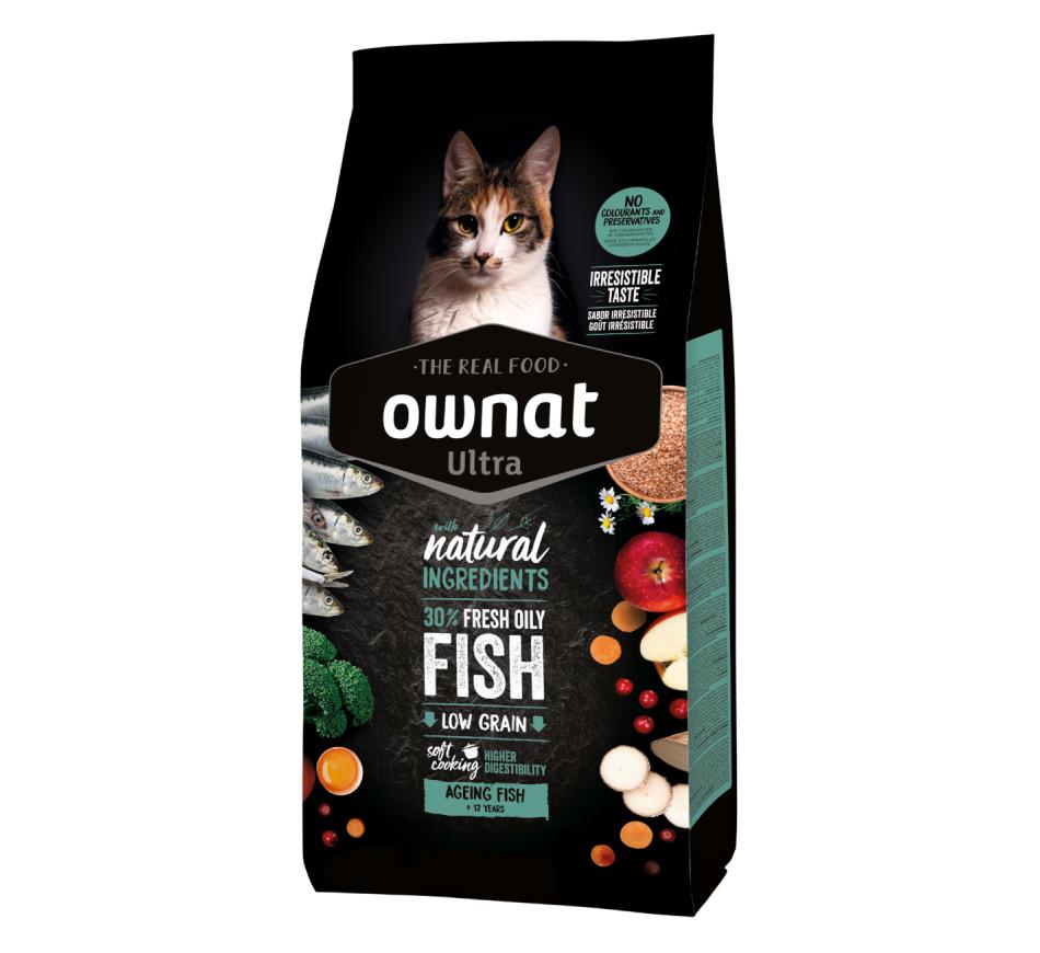 OWNAT ULTRA AGEING FISH Saco de comida para gatos Ownat Ultra Fish com foto de gato e ingredientes naturais