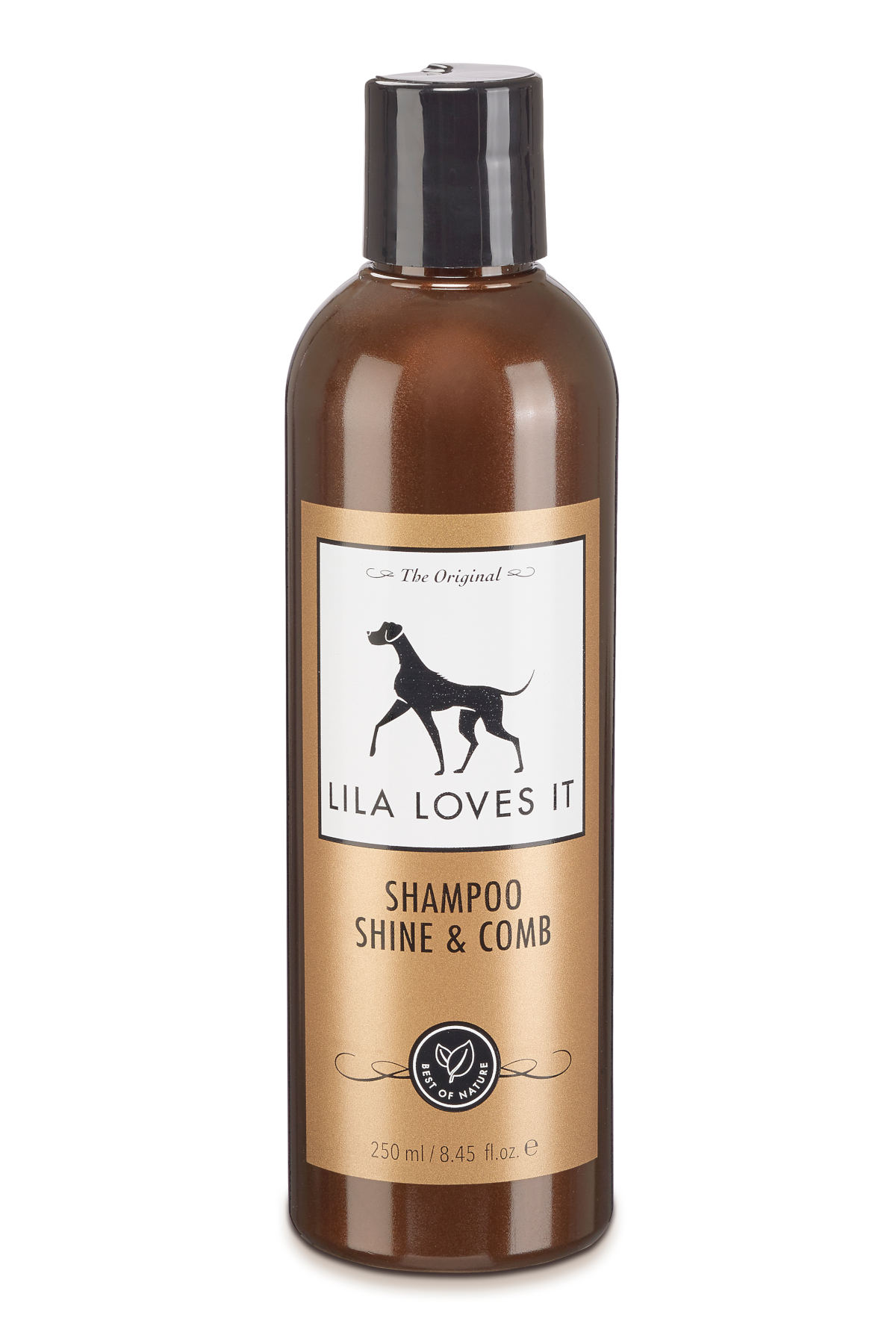 Champô Shine & Comb 250 ml Frasco castanho de shampoo para cães LILA LOVES IT com rótulo e tampa preta