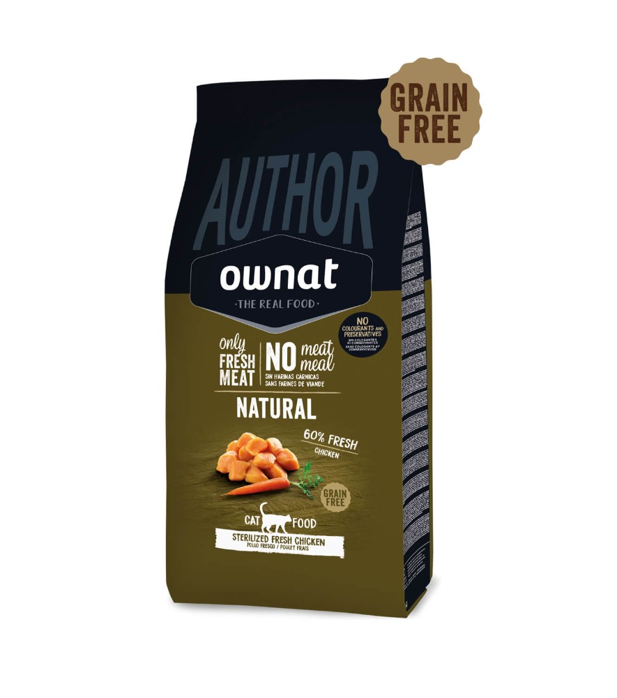 OWNAT AUTHOR CAT STERILIZED FRESH CHICKEN Embalagem Ownat Author para comida de gato, frango fresco esterilizado, sem cereais