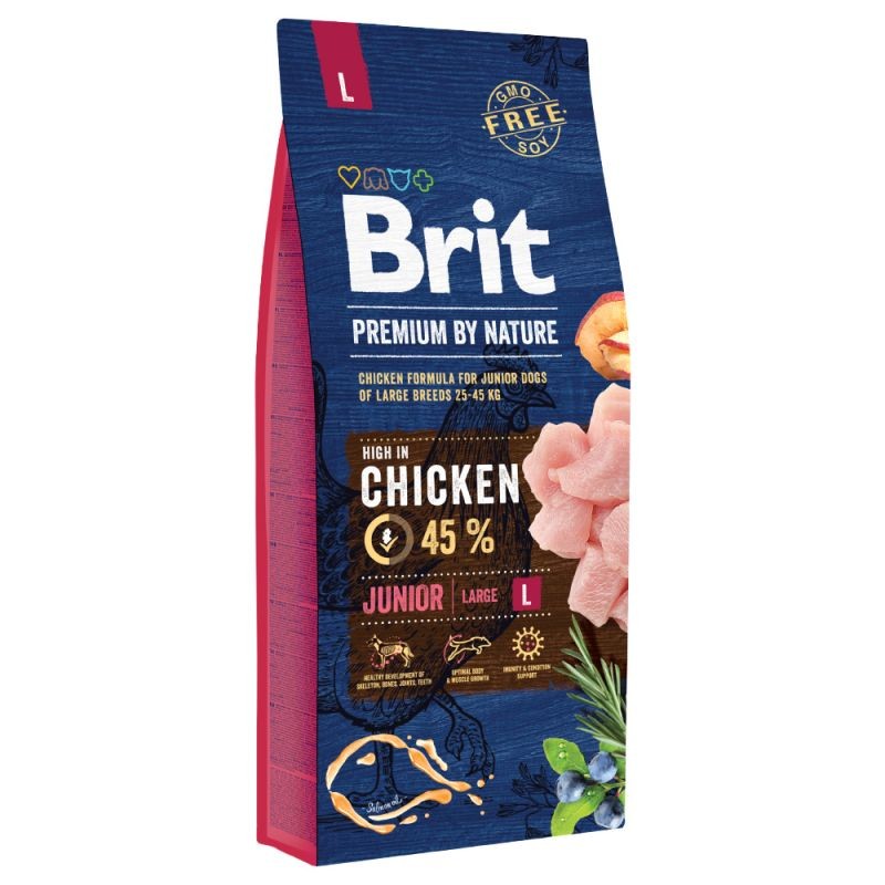 Brit Premium by Nature Junior Large Dog Embalagem azul e vermelha de ração para cães com pedaços de frango e texto Brit Premium by Nature