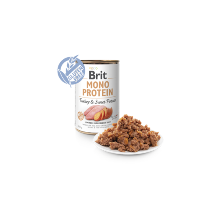 Lata de comida Brit Mono Protein e prato com comida húmida para animais