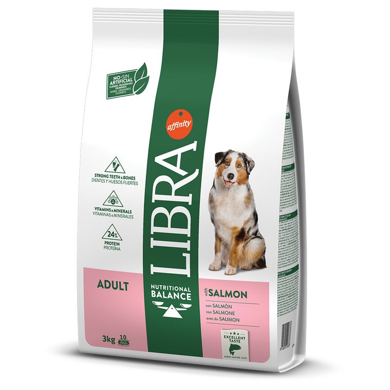 Libra Dog Adult - Salmão Saco de ração para cães Libra sabor salmão com imagem de cão e etiquetas informativas
