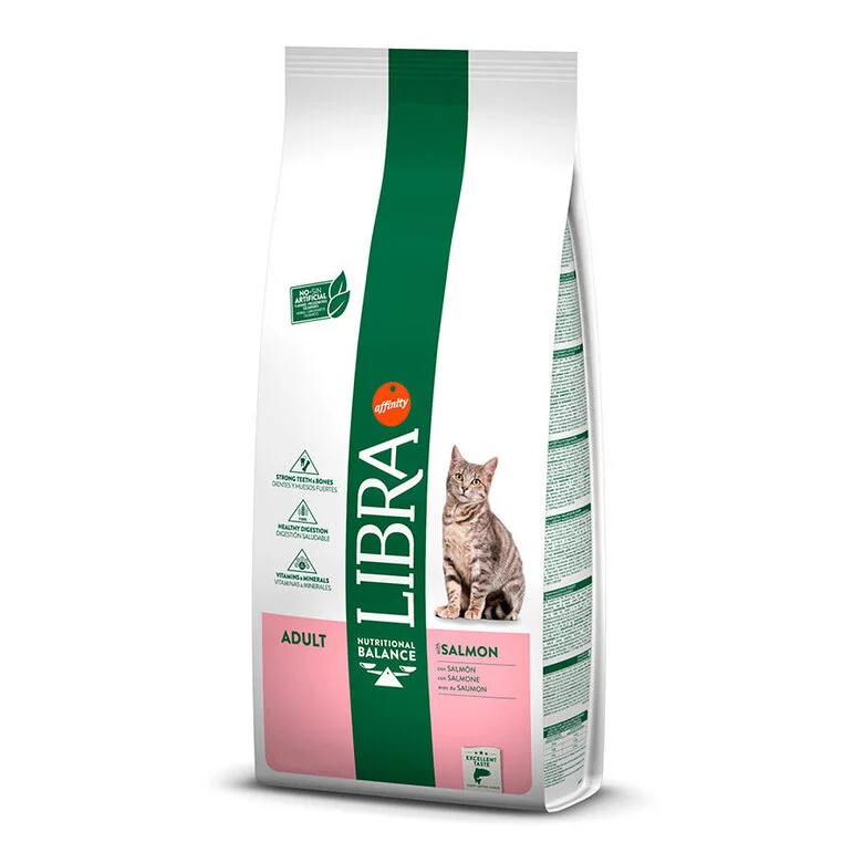 Libra Cat Adult Salmão e Arroz Saco de ração para gatos adulto LIBRA Salmon, com imagem de gato e detalhes cor-de-rosa.
