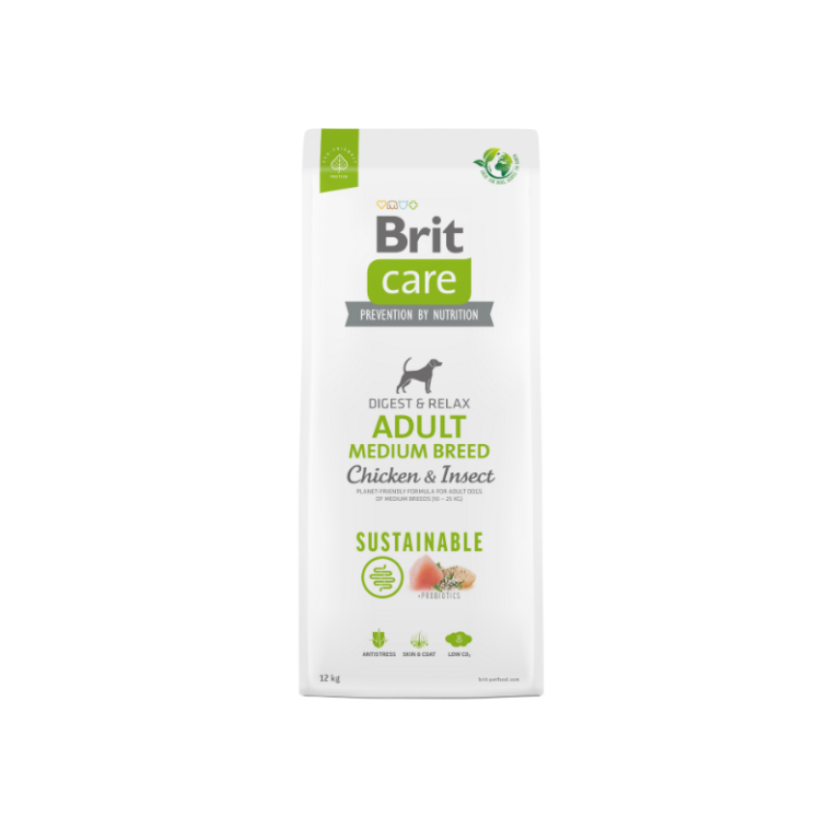 Brit Care Dog Sustainable Adult Medium Breed Chicken & Insect Embalagem branca de ração para cães Brit Care com texto e selo sustentável