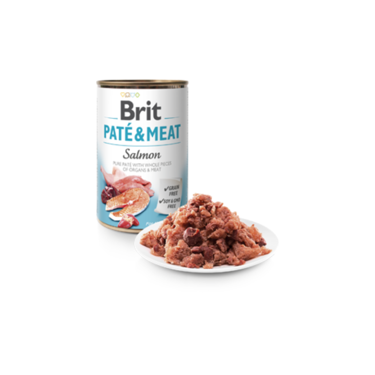 Lata de comida para animais Brit Paté & Meat Salmon com prato de comida húmida