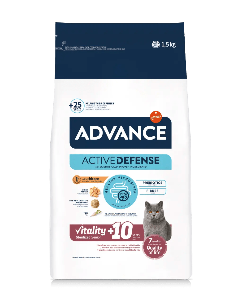 Advance Sterilized +10 Embalagem de comida para gato Advance Active Defense 1,5 kg com imagem de gato cinza