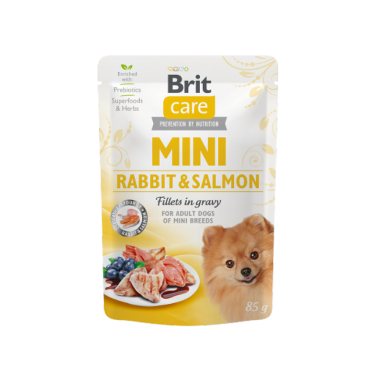 Embalagem de alimento para cães Brit Care MINI Rabbit & Salmon com foto de cachorro e ingredientes