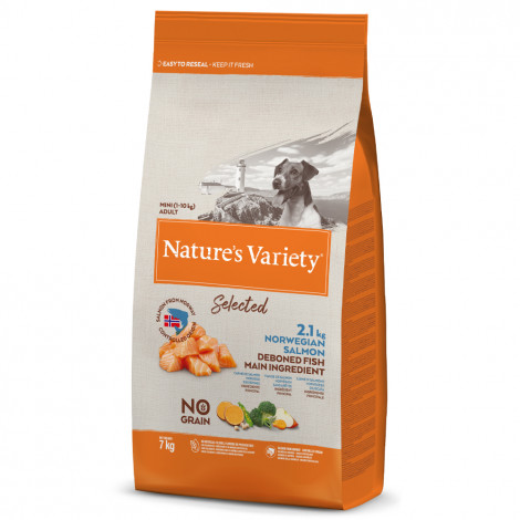 Nature's Variety Selected No grain Mini - Ração seca sem cereais para cão adulto pequeno - Salmão Saco de ração para cães Nature's Variety Selected com imagem de cão e texto sobre salmão