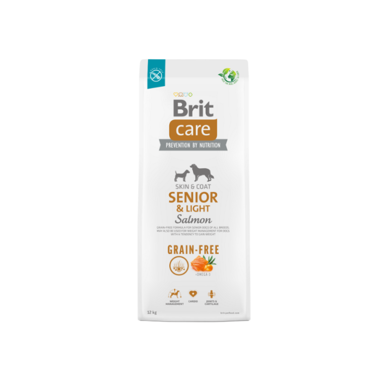 Pacote branco de ração para cães Brit Care Senior & Light Salmon.