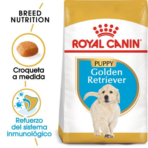 Royal Canin Golden Retriever Puppy Ração Seca para Cachorros da Raça Embalagem de ração Royal Canin Puppy Golden Retriever com imagem de filhote e croqueta