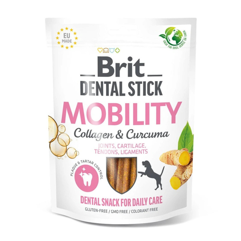 Brit Care Dental Stick Mobility with Collagen & Curcuma Pacote branco de snacks dentais para cães Brit Dental Stick Mobility com colagénio e curcuma