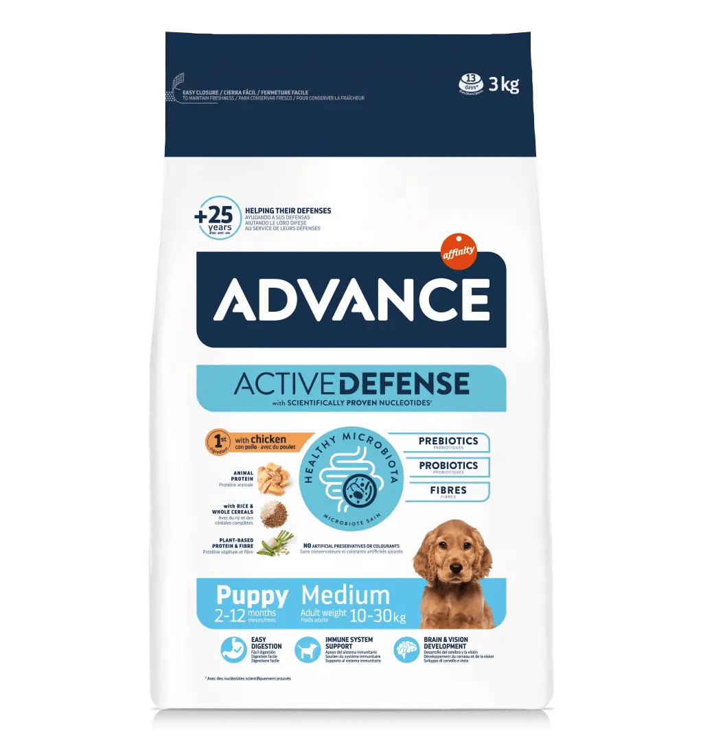 Advance Medium Puppy Saco de ração Advance Active Defense para cachorros de porte médio, 3 kg