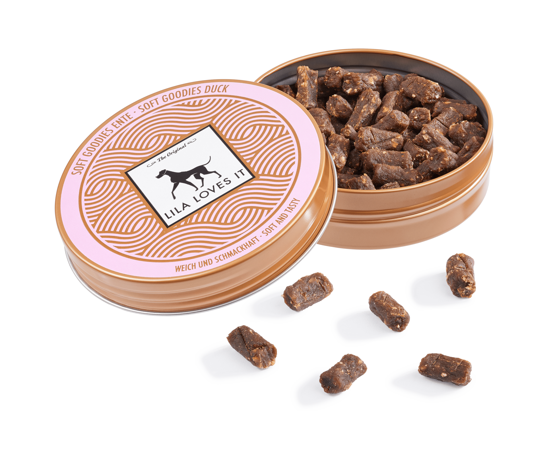 SOFT-GOODIES COM CARNE DE PATO 60 gramas Lata de petiscos para cão marrons em embalagem rosa e cobre aberta