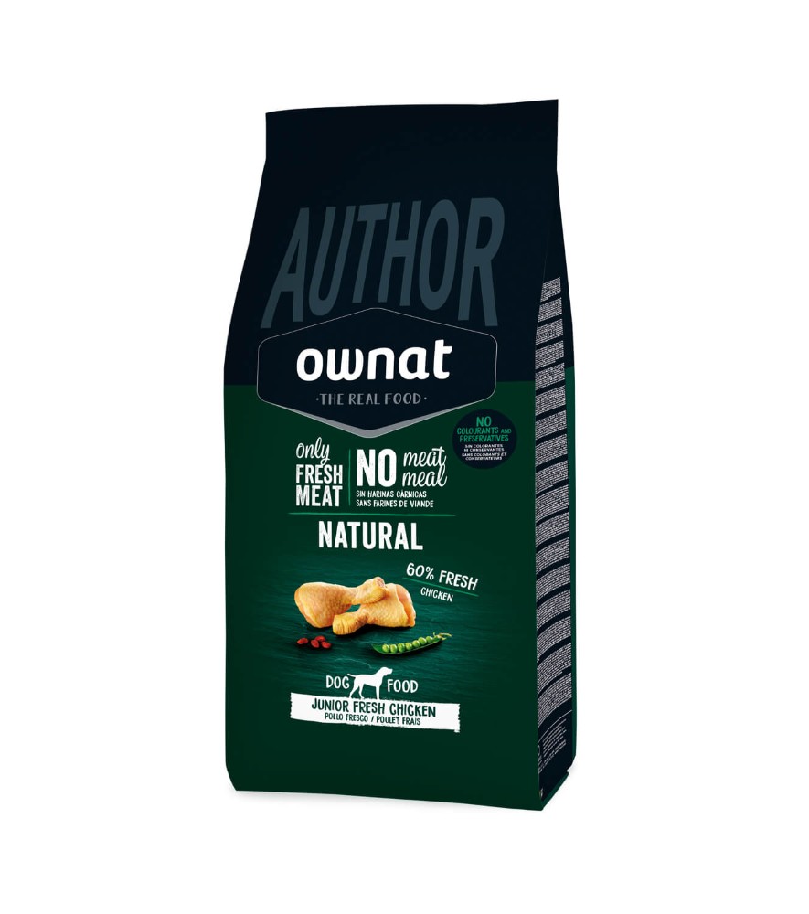 OWNAT AUTHOR JUNIOR FRESH CHICKEN Embalagem de ração para cães Ownat Natural com frango, cores preta e verde