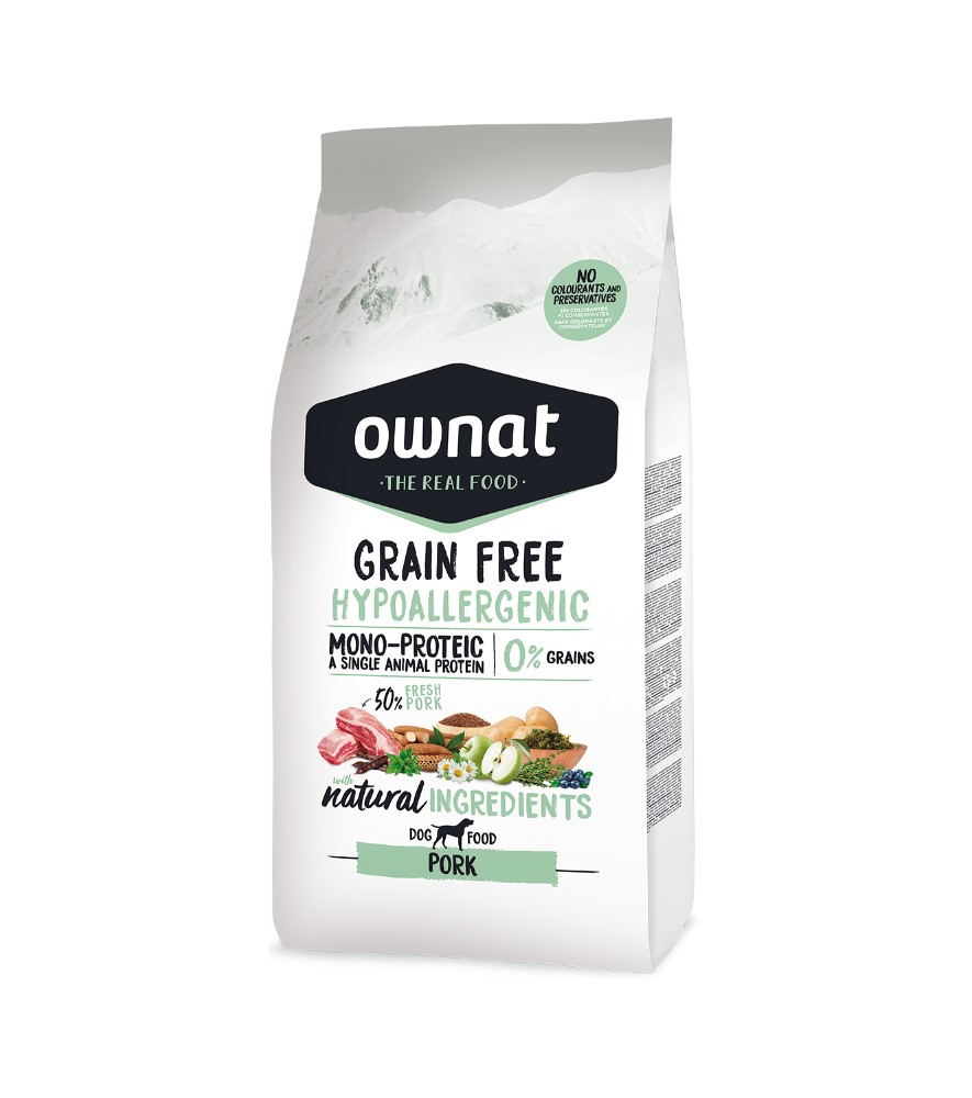 Ownat Grain Free Hypoallergenic Porco Saco branco de ração para cães Ownat hipoalergénica sabor porco