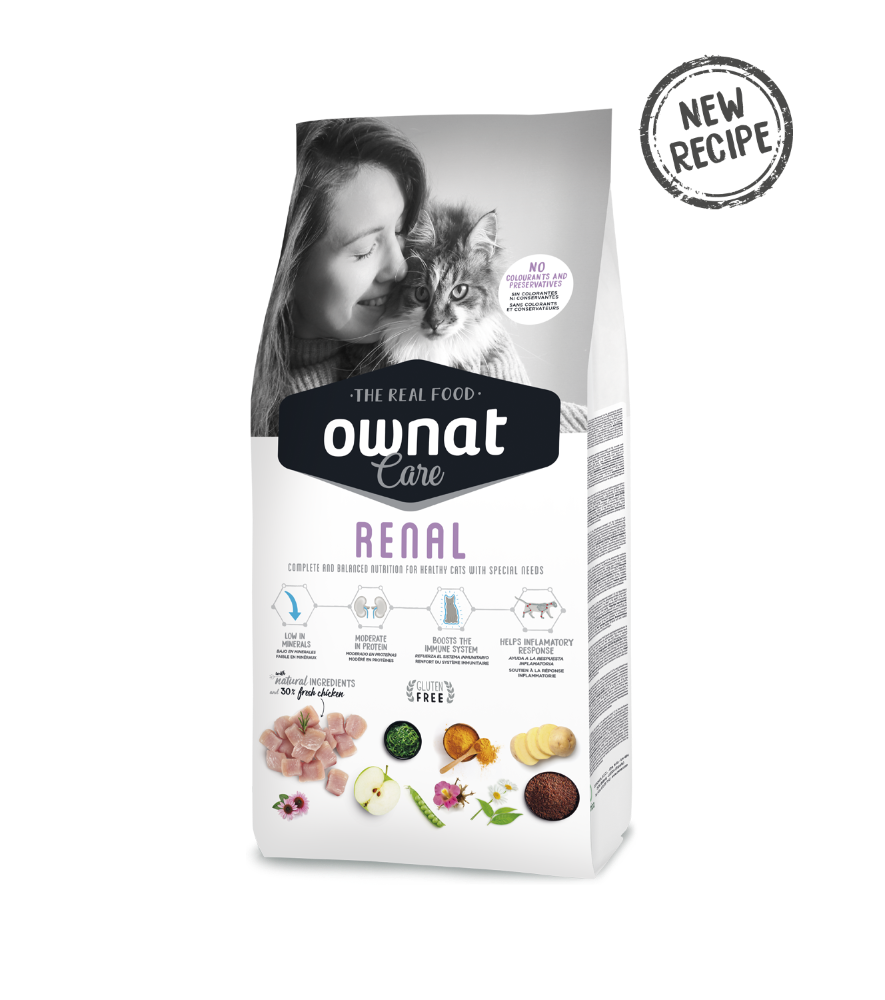 OWNAT CARE RENAL Embalagem branca e preta de ração Ownat Care Renal com imagem de mulher e gato