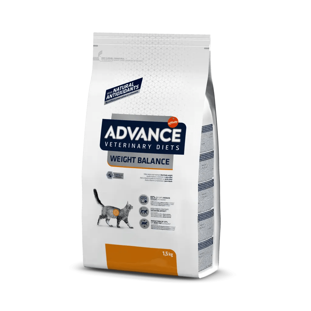 Advance Veterinary Diets Feline Weight Balance Embalagem branca de alimento para gatos Advance Veterinary Diets Weight Balance com imagem de gato