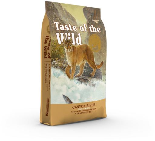 Taste of the Wild Canyon River com Salmão Defumado e Truta para Gatos Saco de ração Taste of the Wild Canyon River com imagem de puma em montanha