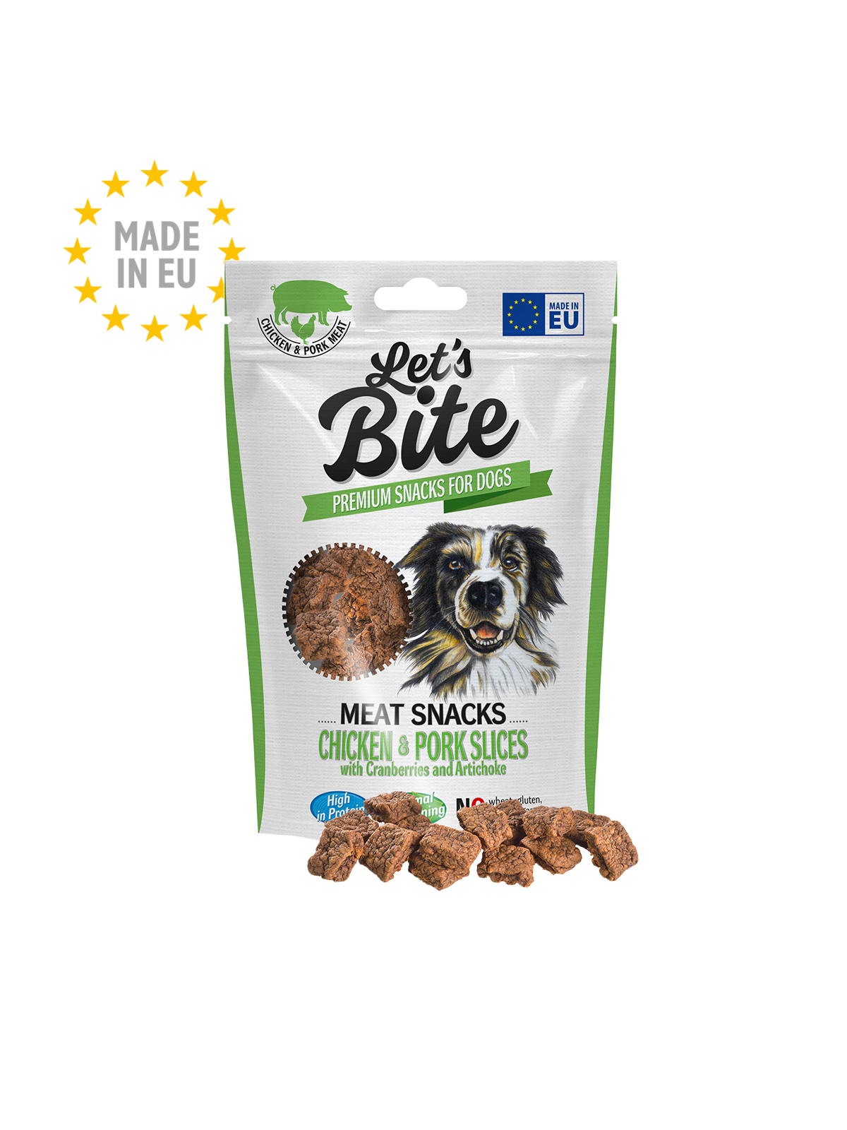 Brit Let's Bite Dog Meat Snacks Chicken & Pork Slices with Cranberries Saco de snacks de carne para cães Let's Bite com imagem de cão e texto