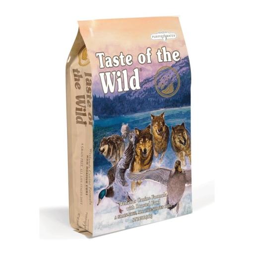 Taste of the Wild Wetlands de Pato para Cães Embalagem de ração para cães Taste of the Wild com imagem de lobos e peixes