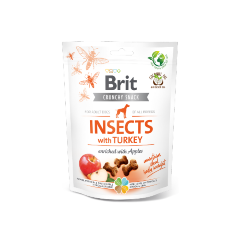 Pacote branco de snack crocante para cães Brit Crunchy Snack com insetos e peru.