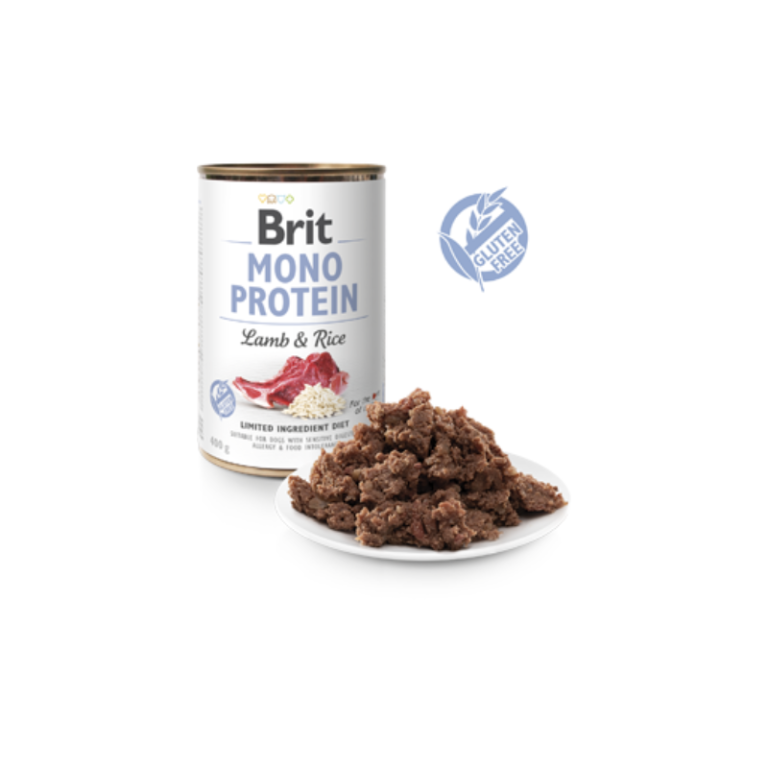 Lata de alimento para animais Brit Mono Protein e prato com comida úmida