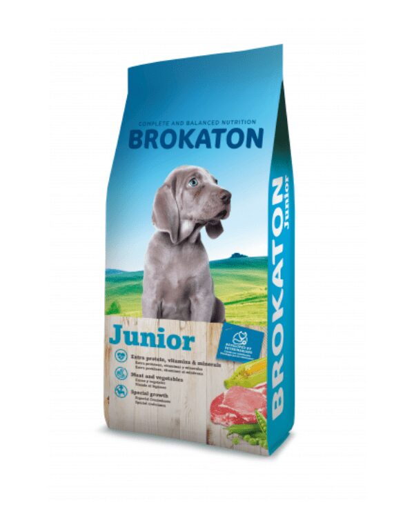 BROKATON JUNIOR Embalagem azul e verde de ração para cães BROKATON Junior com imagem de cachorro cinzento