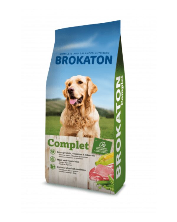 BROKATON COMPLET Saco de ração para cães BROKATON Complet com imagem de golden retriever e ingredientes