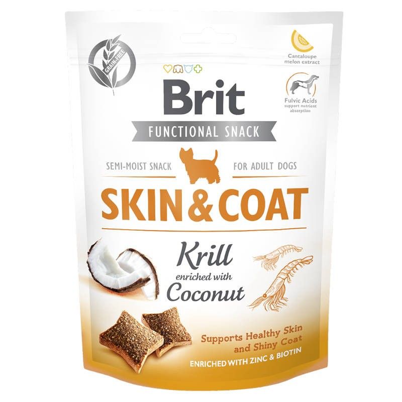 Brit Care Functional Snack Skin&Coat Krill Embalagem de snack para cães Brit Skin & Coat com krill e coco