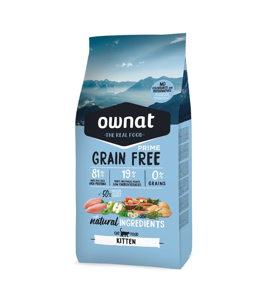 OWNAT GF PRIME KITTEN Pacote azul de ração Ownat Prime Grain Free para gatinhos com ingredientes naturais e texto em inglês.