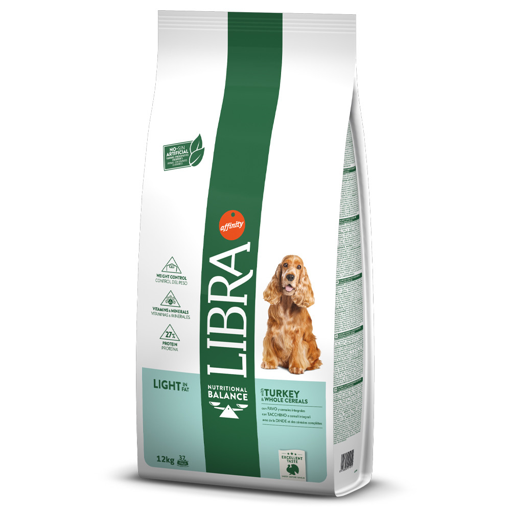 Libra Dog Adult Light - Peru Embalagem de ração para cão Libra Light Turkey 1,2 kg com imagem de um cão