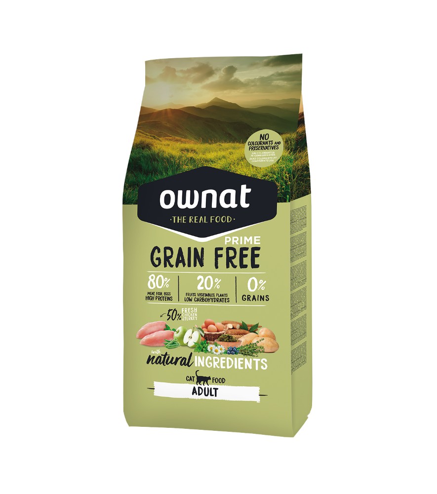 OWNAT GF PRIME ADULT CHICKEN&TURKEY Saco de ração Ownat Prime Grain Free para gatos adultos com ingredientes naturais e sem cereais