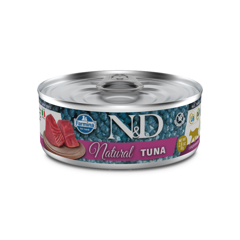 Farmina N&D Natural - Atum Lata de comida para cães Farmina N&D Natural Tuna com imagem de atum e tampa metálica