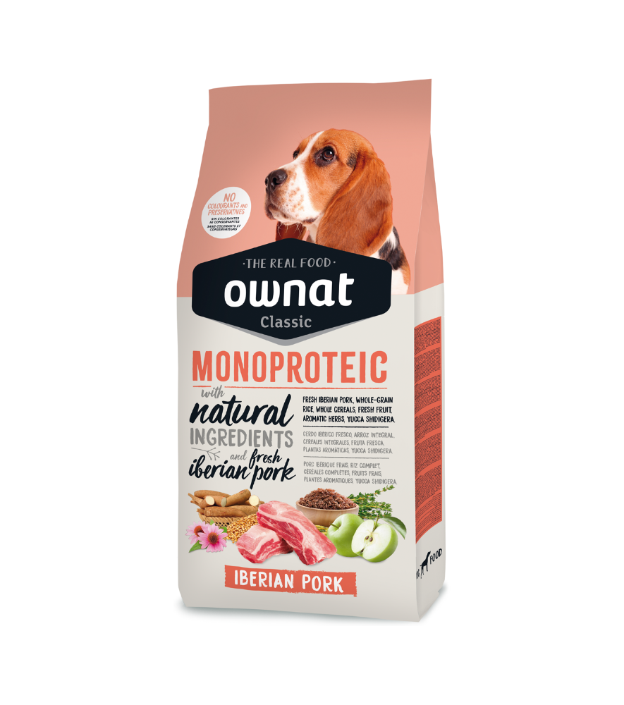 Ownat Classic Monoproteic Iberian Pork Embalagem de ração Ownat Classic Monoproteic com imagem de cão e ingredientes naturais