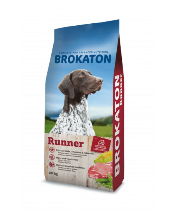 BROKATON RUNNER Saco de ração para cão BROKATON Runner 20 kg com imagem de cão castanho e branco