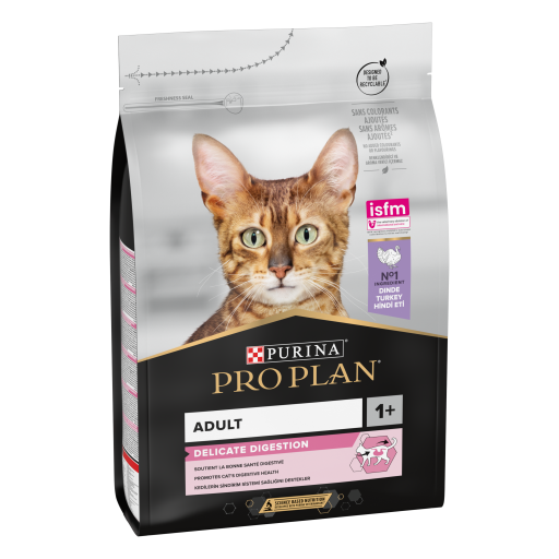 Purina Pro Plan Delicate Digestion Adult com Peru Embalagem de ração para gatos Purina Pro Plan Adult Delicate Digestion com imagem de gato e texto