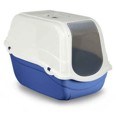 Caixa de areia para gatos com tampa branca e base azul