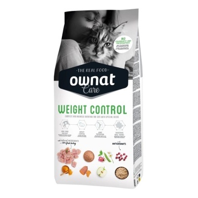Saco de comida para cães Ownat Care Weight Control branco e cinza com imagem de mulher e gato