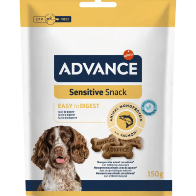 Pacote de snacks para cães ADVANCE Sensitive Snack com imagem de cão e snacks em forma de ossos