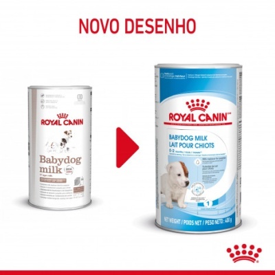Duas latas do leite para cachorros Royal Canin Babydog milk, design antigo e novo lado a lado