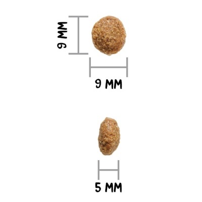 Alimento seco marrom redondo com medidas de 9 mm e 5 mm