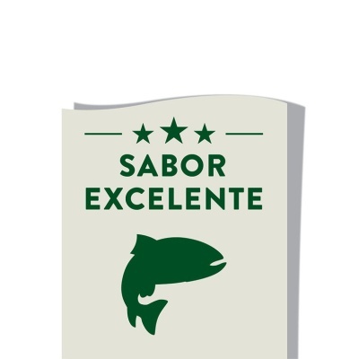 Etiqueta branca com texto e desenhos verdes relacionados a peixe.