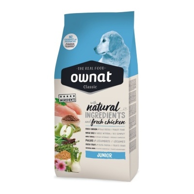Saco de ração para cães Ownat Classic Junior com imagem de cão e ingredientes naturais descritos